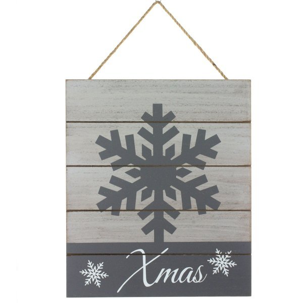 Χριστουγεννιάτικο Ξύλινο Κάδρο, με Γκρι Χιονονιφάδα και "Xmas" (30x25cm)